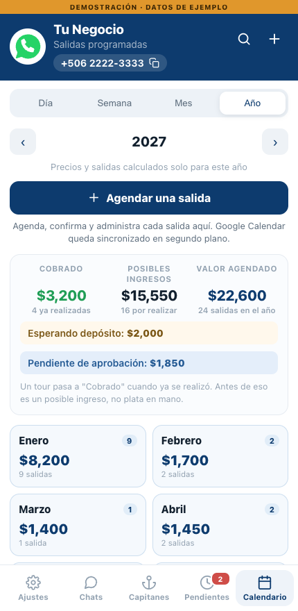 Calendario móvil del sistema de reservas de MYSA Digital