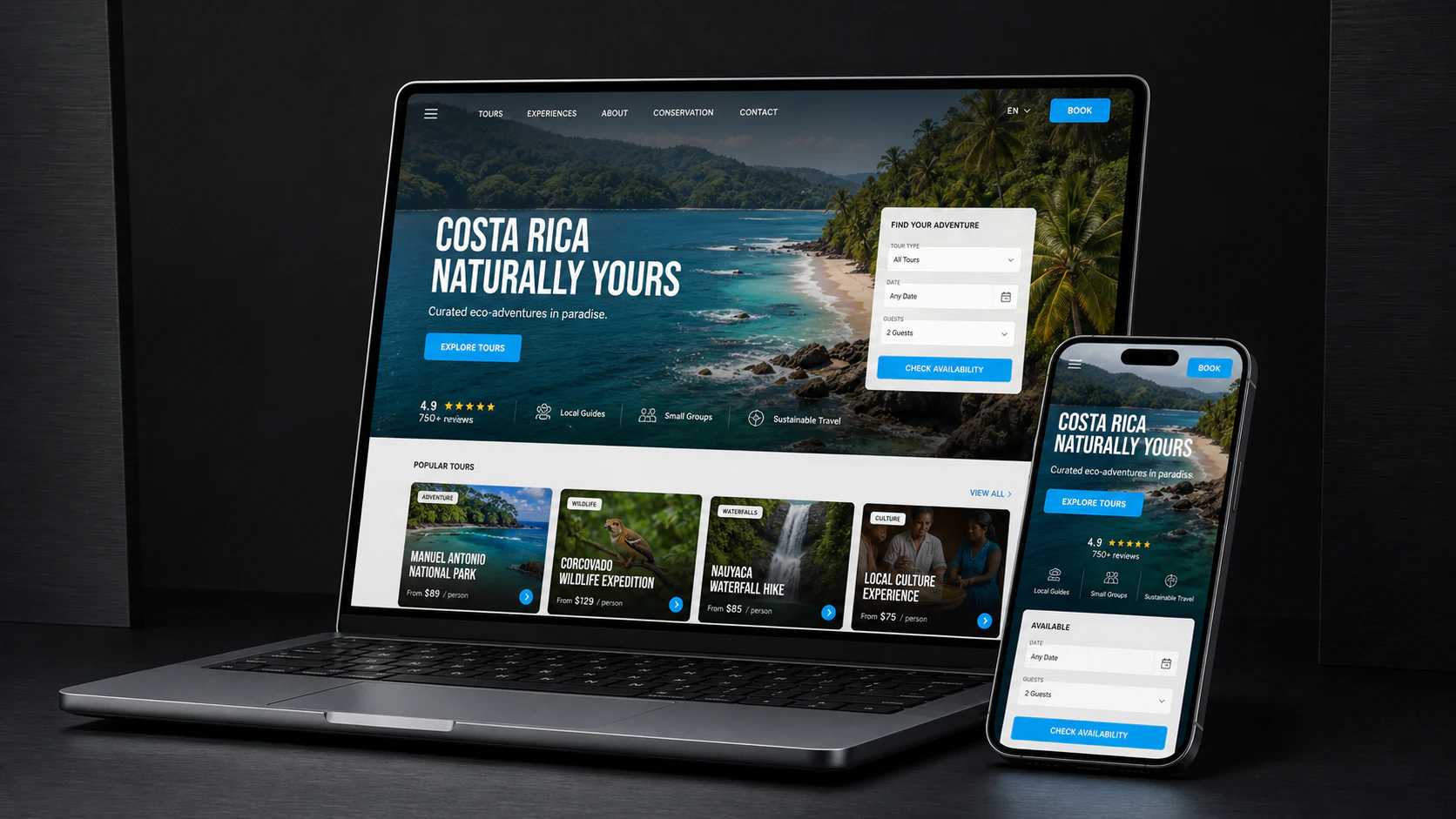 Responsive tourism website with booking flow shown on a laptop and phone