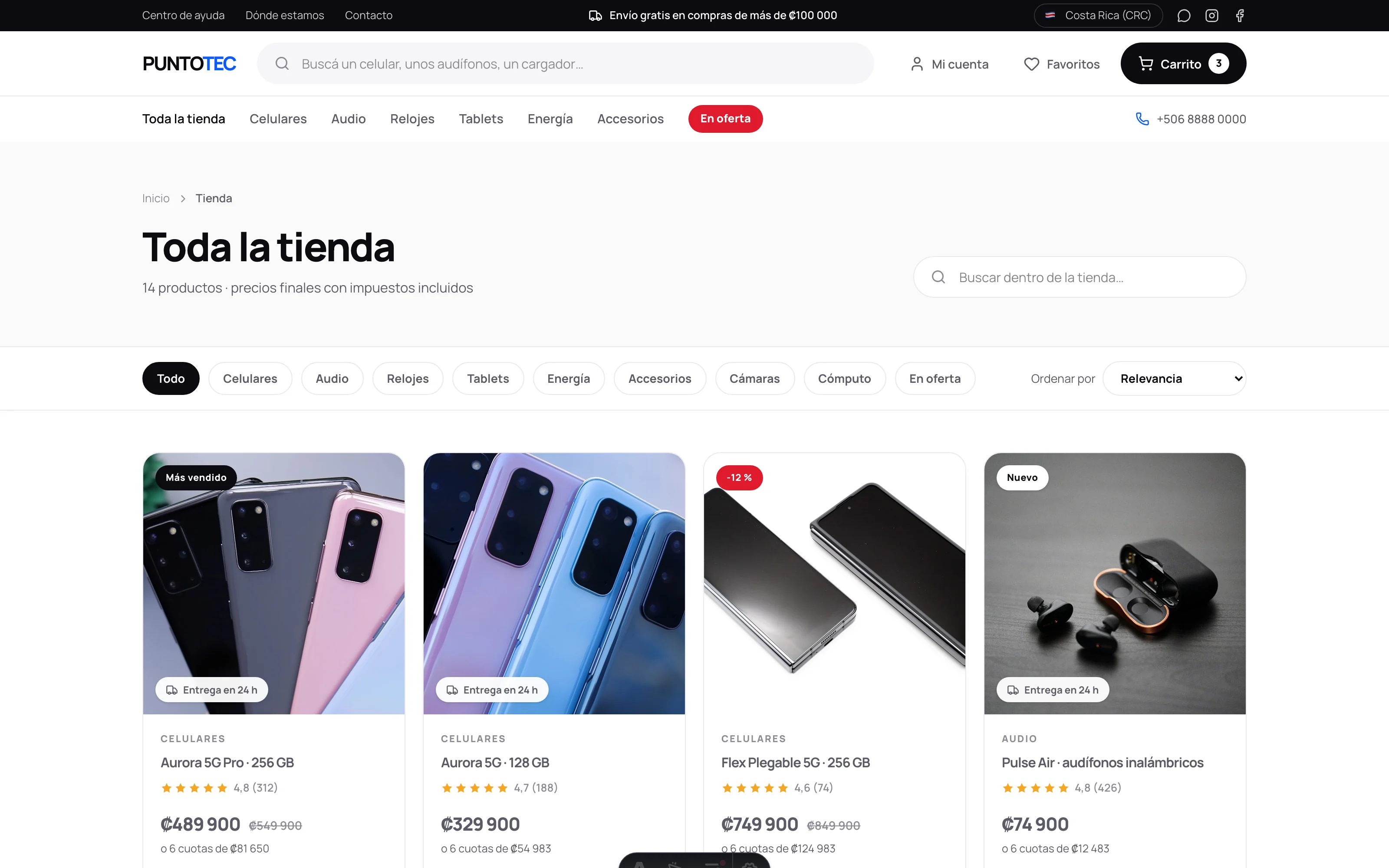 Online store with product catalog, shopping cart and SINPE Móvil checkout